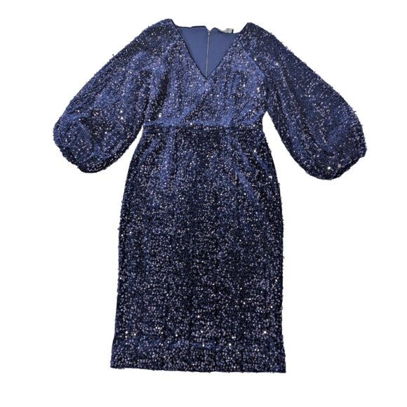 ELIE TAHARI Nwt The Robin Sequin Dress 8 Midnight Blue Blouson Sleeve Midi - Picture 3 of 12